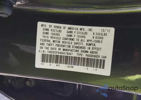 2013 Honda Accord Sdn Ex-L z USA, uszkodzony, nr VIN 1HGCR2F84DA076947